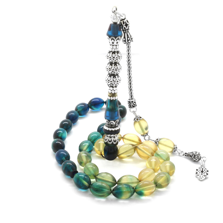 925 Sterling Silver Tasseled Nakkaş Blue-White Fire Amber Prayer Beads