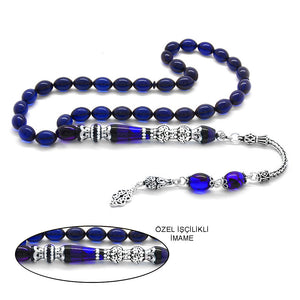925 Sterling Silver Nakkaş Imameli  Blue-Black Pressed Amber Prayer Beads