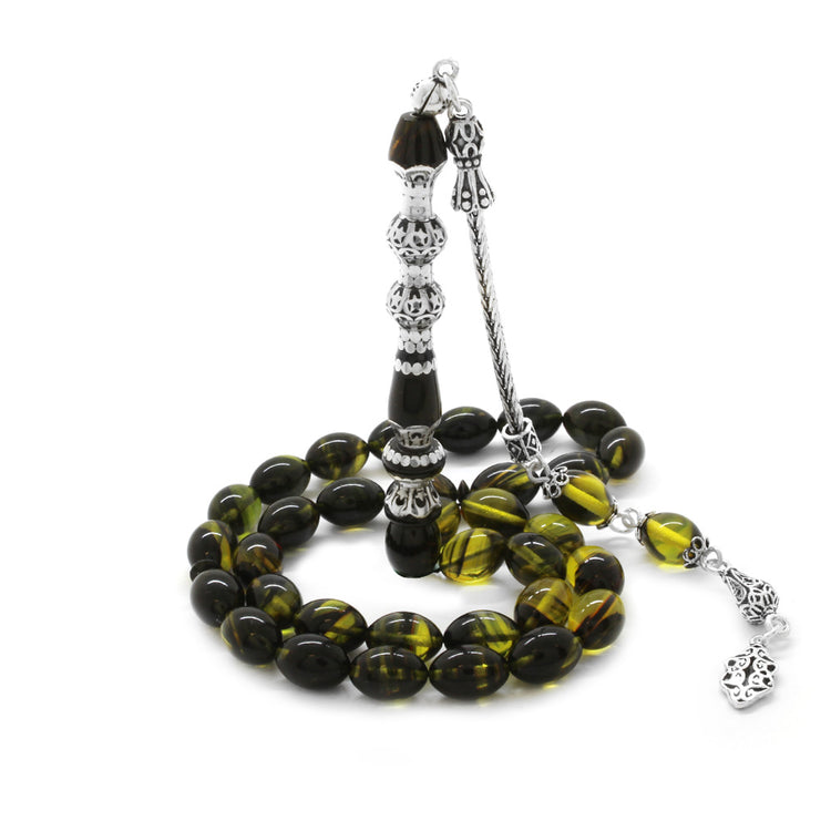 925 Sterling Silver Yellow-Black Fire Amber Prayer Beads