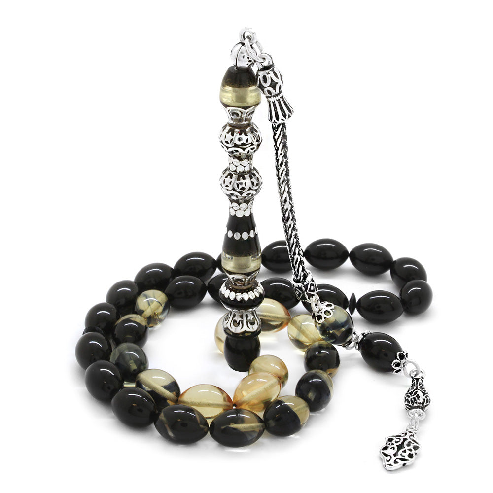 925 Sterling Silver Tasseled Nakkas  Black-White Fire Amber Prayer Beads