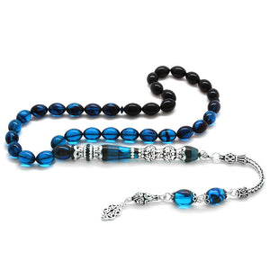 925 Sterling Silver Tasseled Turquoise-Black Fire Amber Prayer Beads