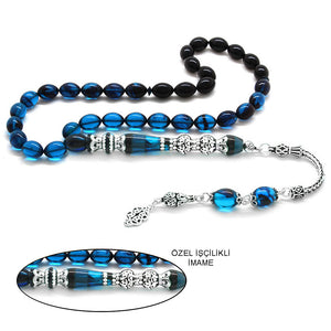 925 Sterling Silver Tasseled Nakkas Turquoise-Black Fire Amber Prayer Beads