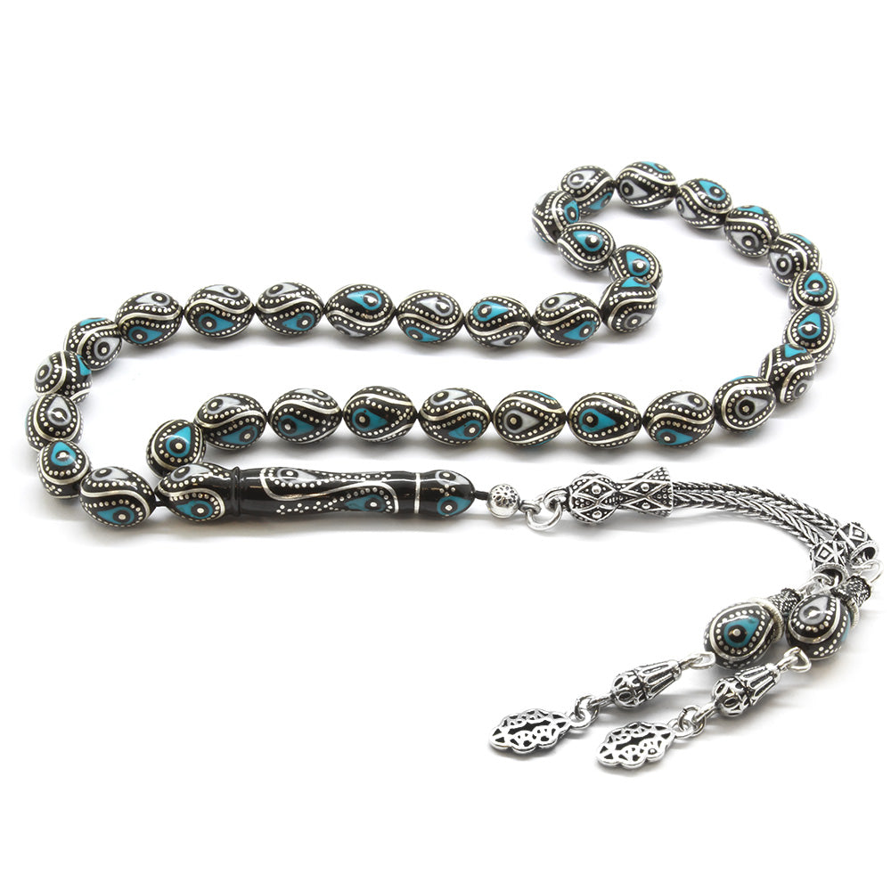 Silver Tasseled Turquoise Enameled Erzurum Oltu Stone Rosary