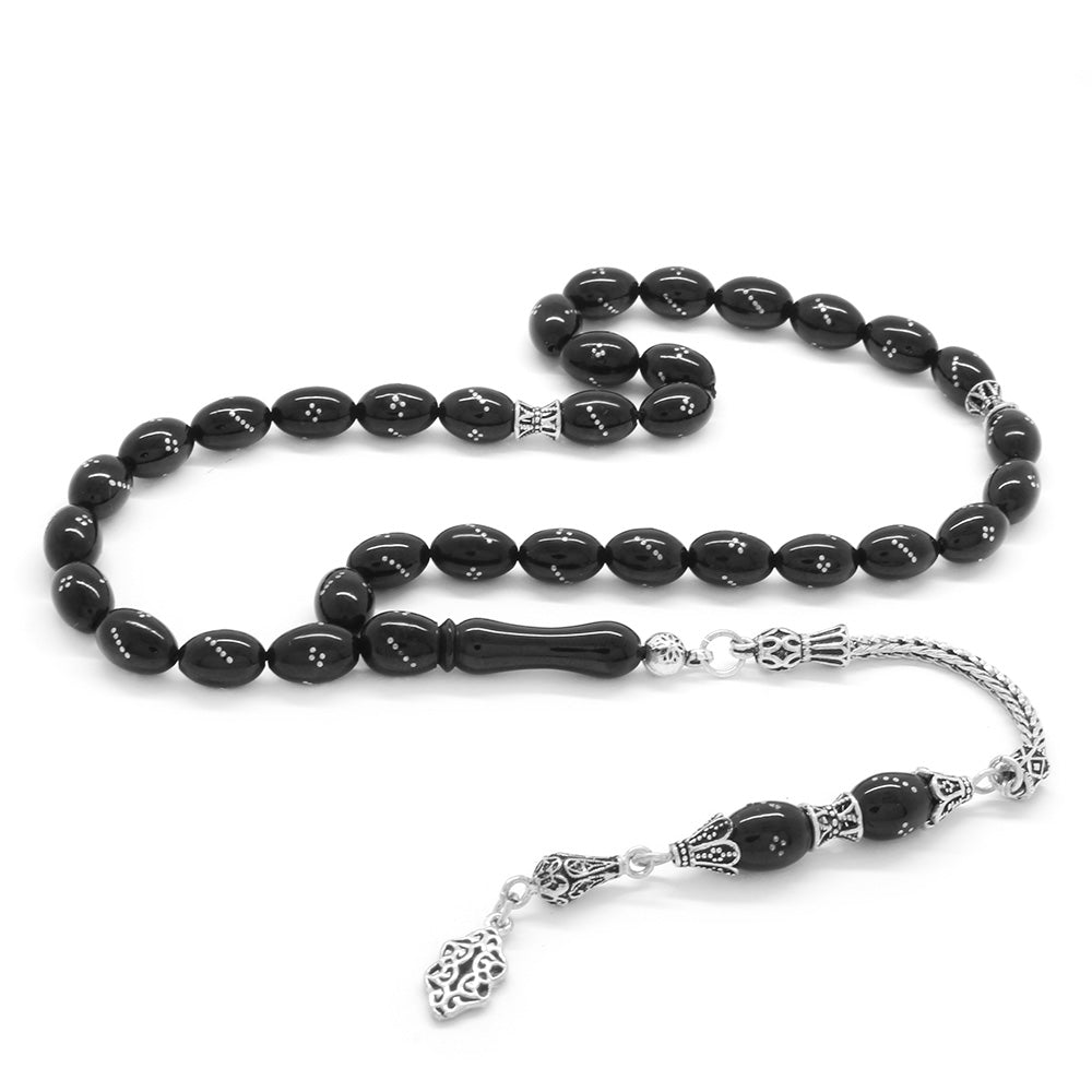 925 Sterling Silver Tasseled Silver Lightly Embroidered Erzurum Oltu Stone Prayer Beads