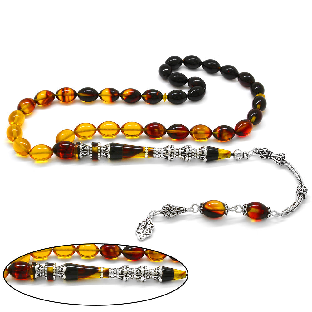 925 Sterling Silver Tasseled Minaret Nakkaş Imameli Bala-Black Fire Amber Prayer Beads