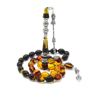 925 Sterling Silver Tasseled Minaret Bala-Black Fire Amber Prayer Beads