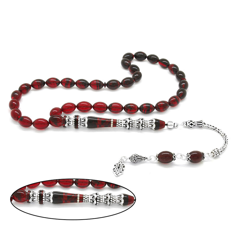 925 Sterling Silver Tasseled Minaret Nakkaş Imameli Red-Black Fire Amber Prayer Beads