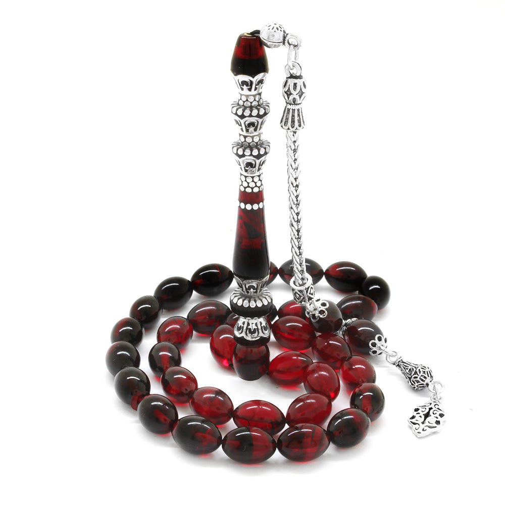 925 Sterling Silver Tasseled Minaret  Red-Black Fire Amber Prayer Beads