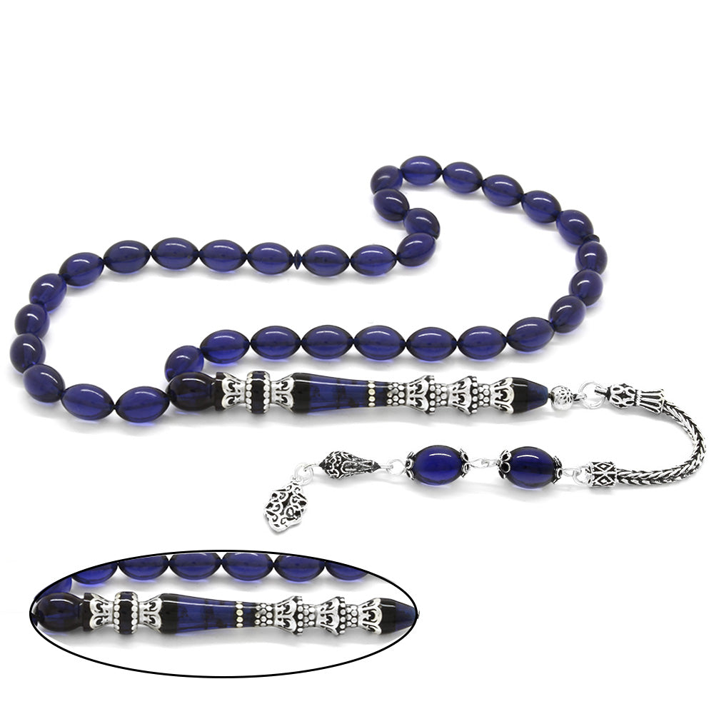 925 Sterling Silver Tasseled Minaret Nakkaş Imameli Dark Blue Pressed Amber Prayer Beads