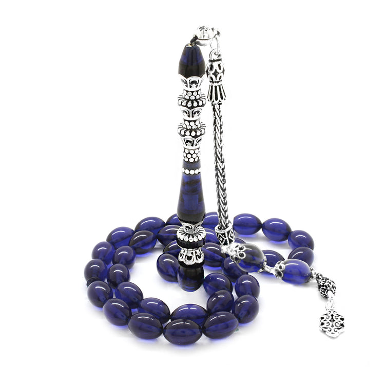 925 Sterling Silver Tasseled Minaret Nakkaş Blue Pressed Amber Prayer Beads