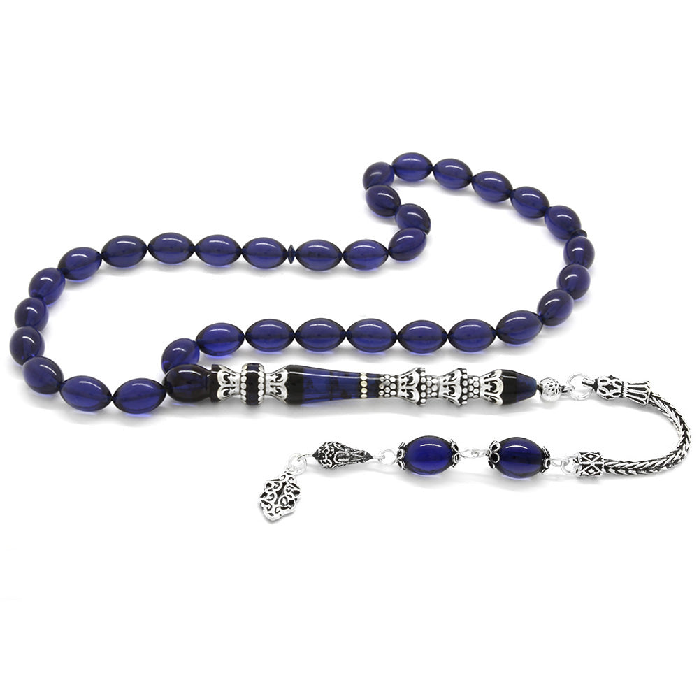 925 Sterling Silver Tasseled  Blue Pressed Amber Prayer Beads