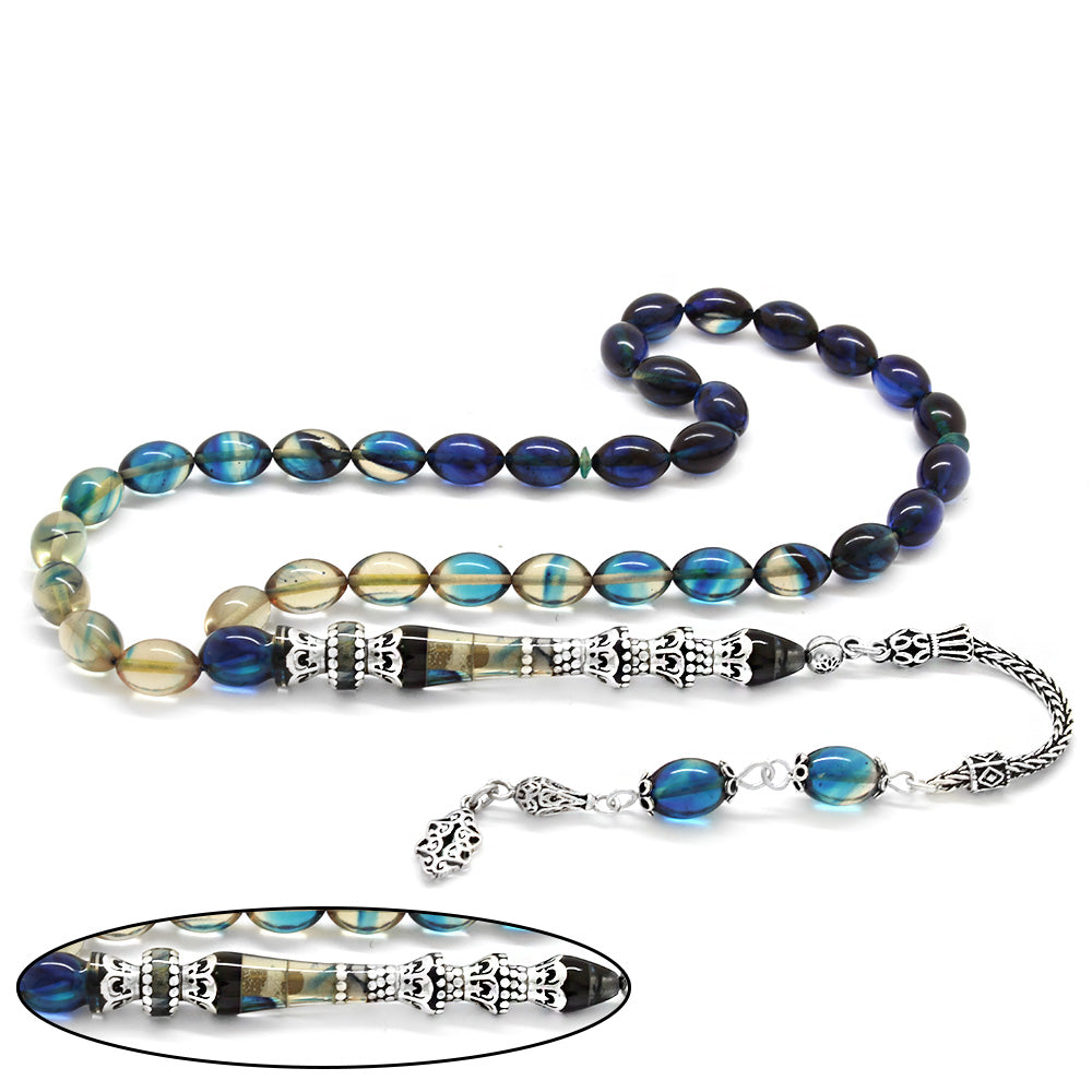 925 Sterling Silver Tasseled Minaret Blue-White Fire Amber Prayer Beads