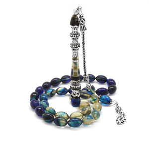 925 Sterling Silver Tasseled Blue-White Fire Amber Prayer Beads