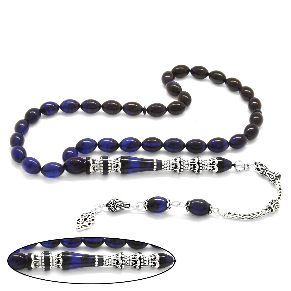 925 Sterling Silver Tasseled Nakkaş Imameli Blue-Black Pressed Amber Prayer Beads