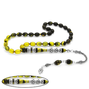 925 Sterling Silver Tasseled Minaret Nakkaş Yellow-Black Fire Amber Prayer Beads