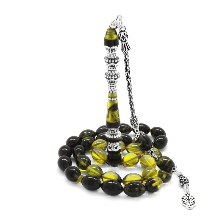 925 Sterling Silver Tasseled Minaret Yellow-Black Fire Amber Prayer Beads