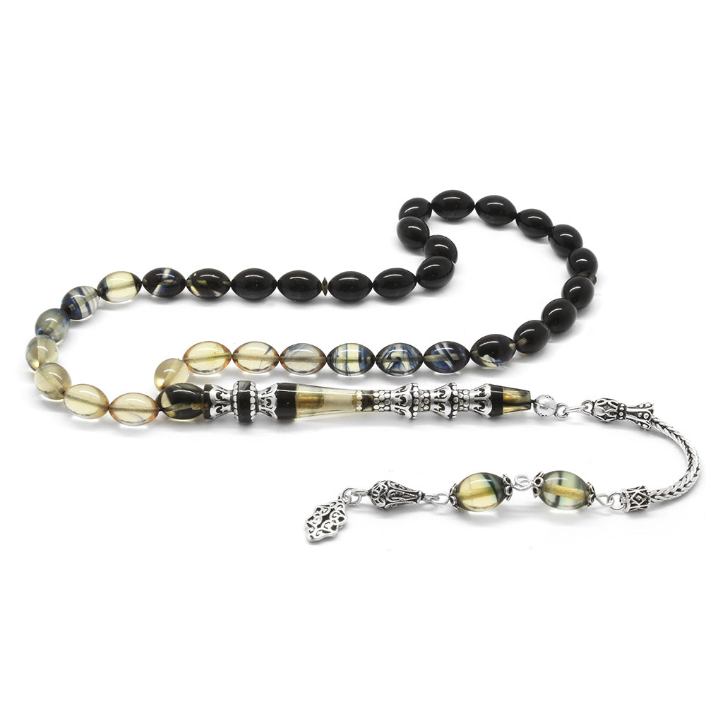 925 Sterling Silver Tasseled Minaret Nakkaş Imameli Black-White Fire Amber Prayer Beads