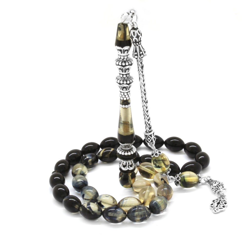 925 Sterling Silver Tasseled Black-White Fire Amber Prayer Beads