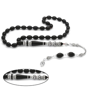 925 Sterling Silver Tasseled Minaret Nakkaş Imameli Black Pressed Amber Prayer Beads