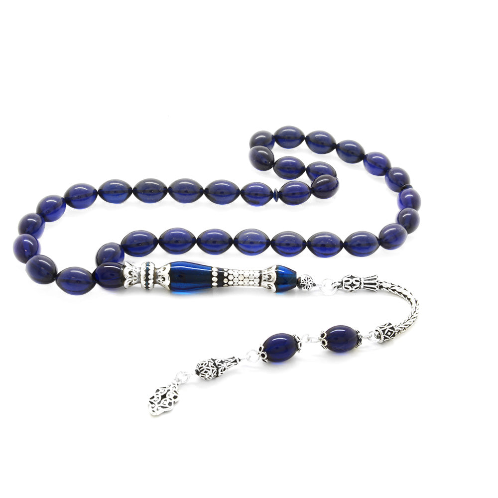 925 Sterling Silver Tasseled Silver  Blue Pressed Amber Prayer Beads