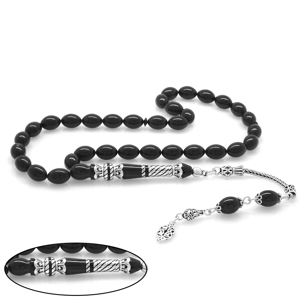 925 Sterling Silver Tasseled Black Pressed Amber Prayer Beads