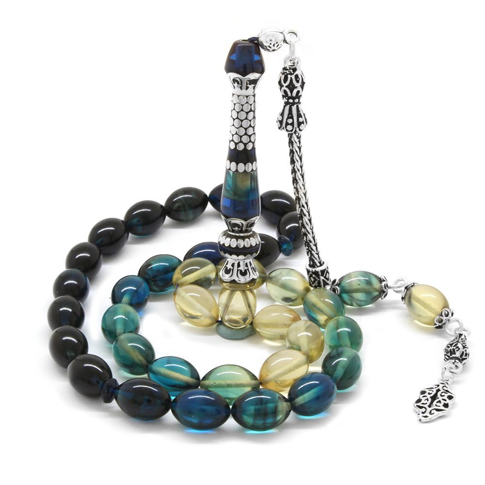 925 Sterling Silver Tassels Blue-White Fire Amber Prayer Beads