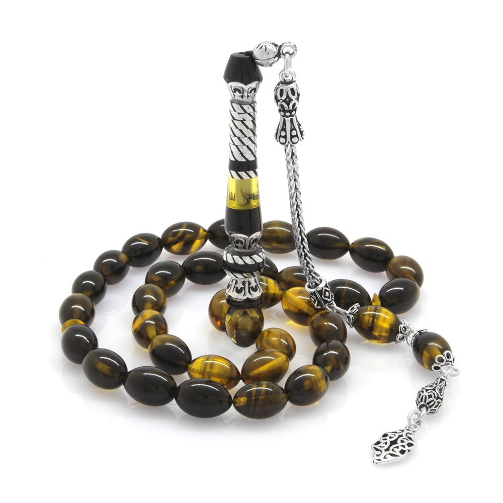 925 Sterling Silver Tassels Yellow-Black Fire Amber Prayer Beads