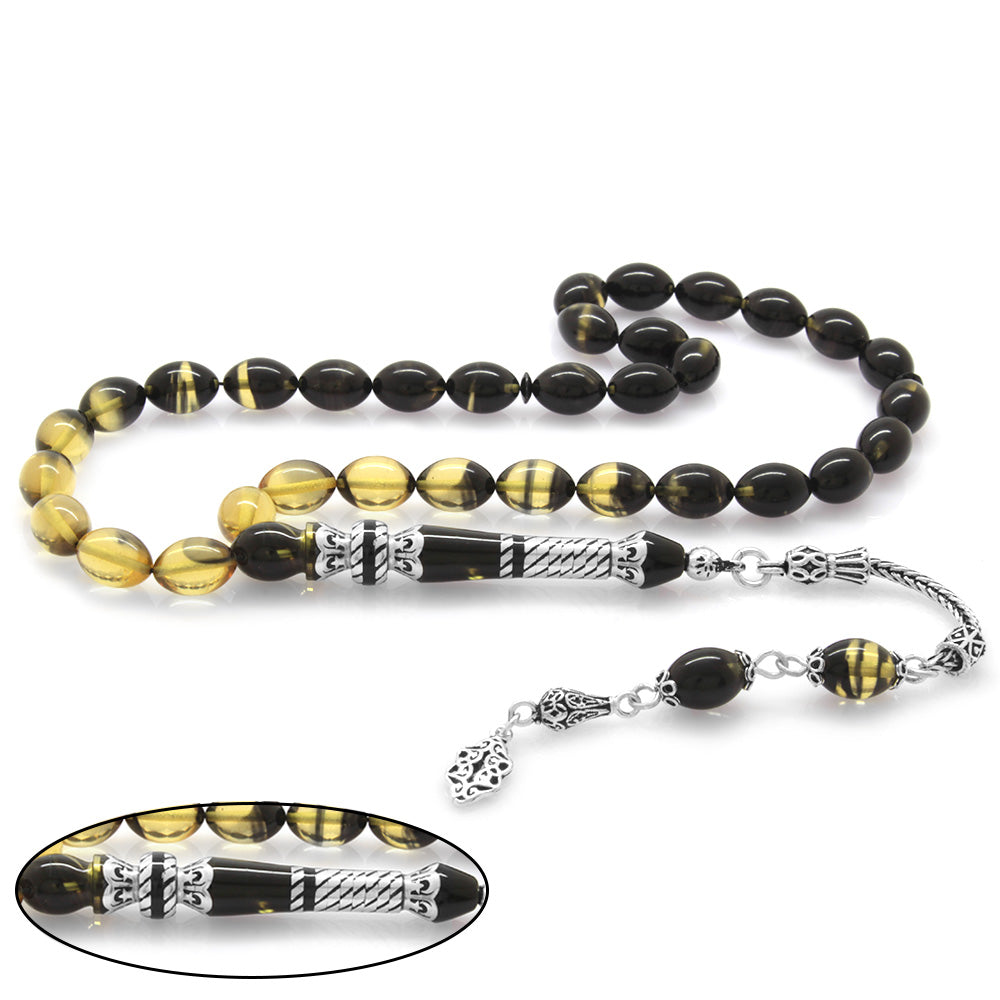 925 Sterling Silver Tasseled Nakkas Black-White Fire Amber Prayer Beads