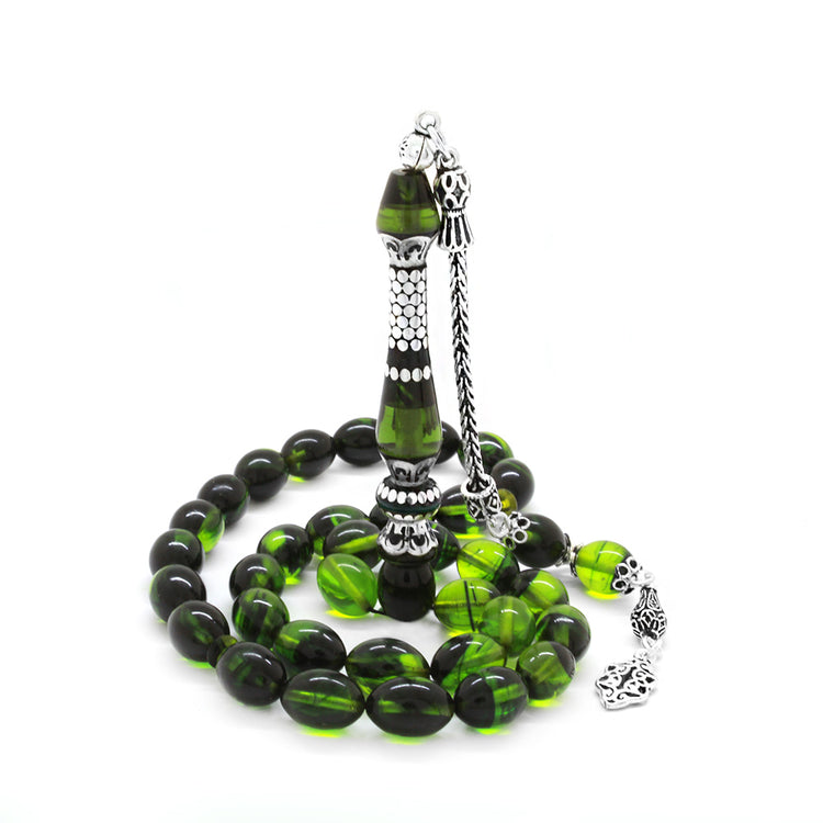925 Sterling Silver Tasseled Green-Black Fire Amber Prayer Beads