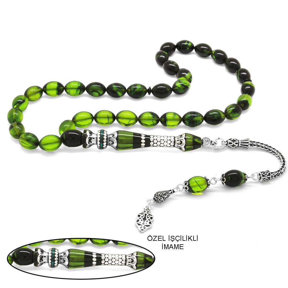 925 Sterling Silver Tasseled Nakkaş Imamel Green-Black Fire Amber Prayer Beads