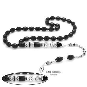 925 Sterling Silver Tasseled Nakkaş Imameli Black Pressed Amber Prayer Beads