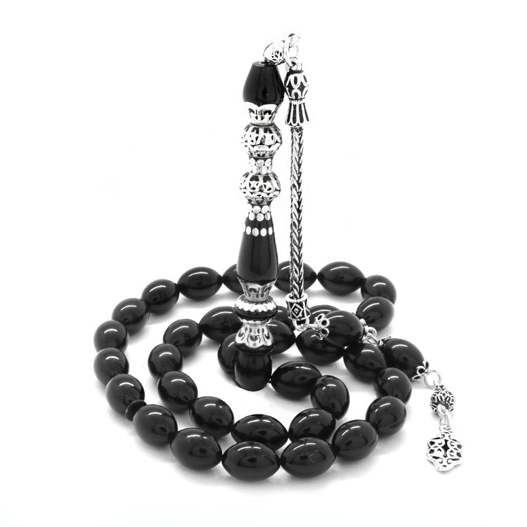 925 Sterling Silver Tasseled Black Pressed Amber Prayer Beads