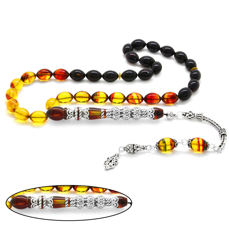 925 Sterling Silver Tasseled Bala-Black Fire Amber Prayer Beads