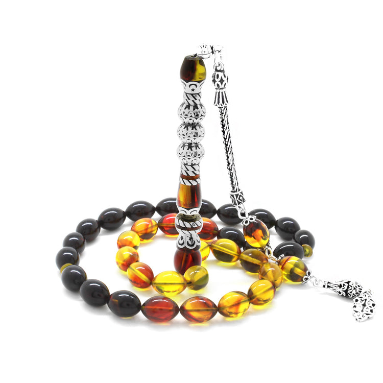 925 Sterling Silver Tasseled Black Fire Amber Prayer Beads