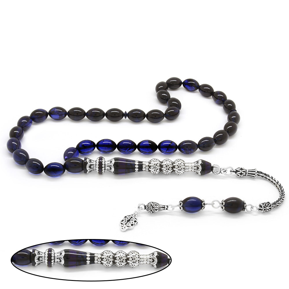 925 Sterling Silver Tasseled  Blue-Black Pressed Amber Prayer Beads