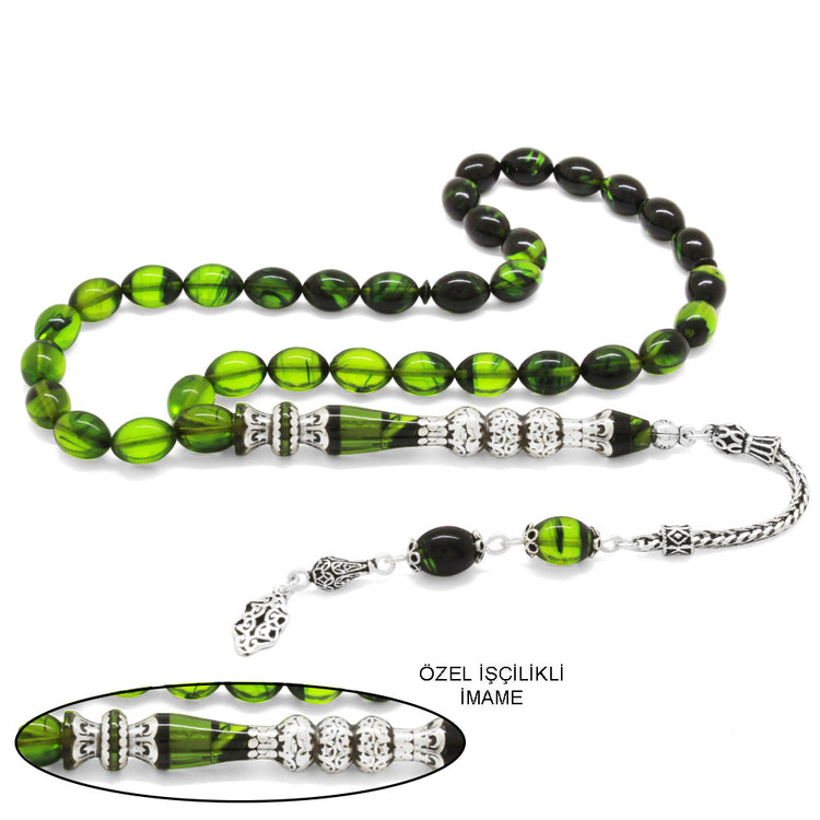 925 Sterling Silver Tasseled Green-Black Fire Amber Prayer Beads