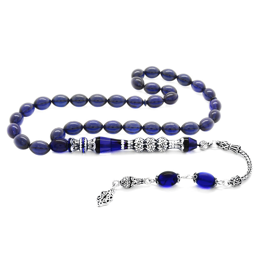 925 Sterling Silver Tasseled Silver Nakkaş Imameli Dark Blue Pressed Amber Prayer Beads