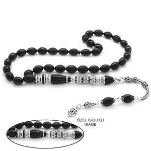 925 Sterling Silver Tasseled Nakkas Imameli Black Pressed Amber Prayer Beads
