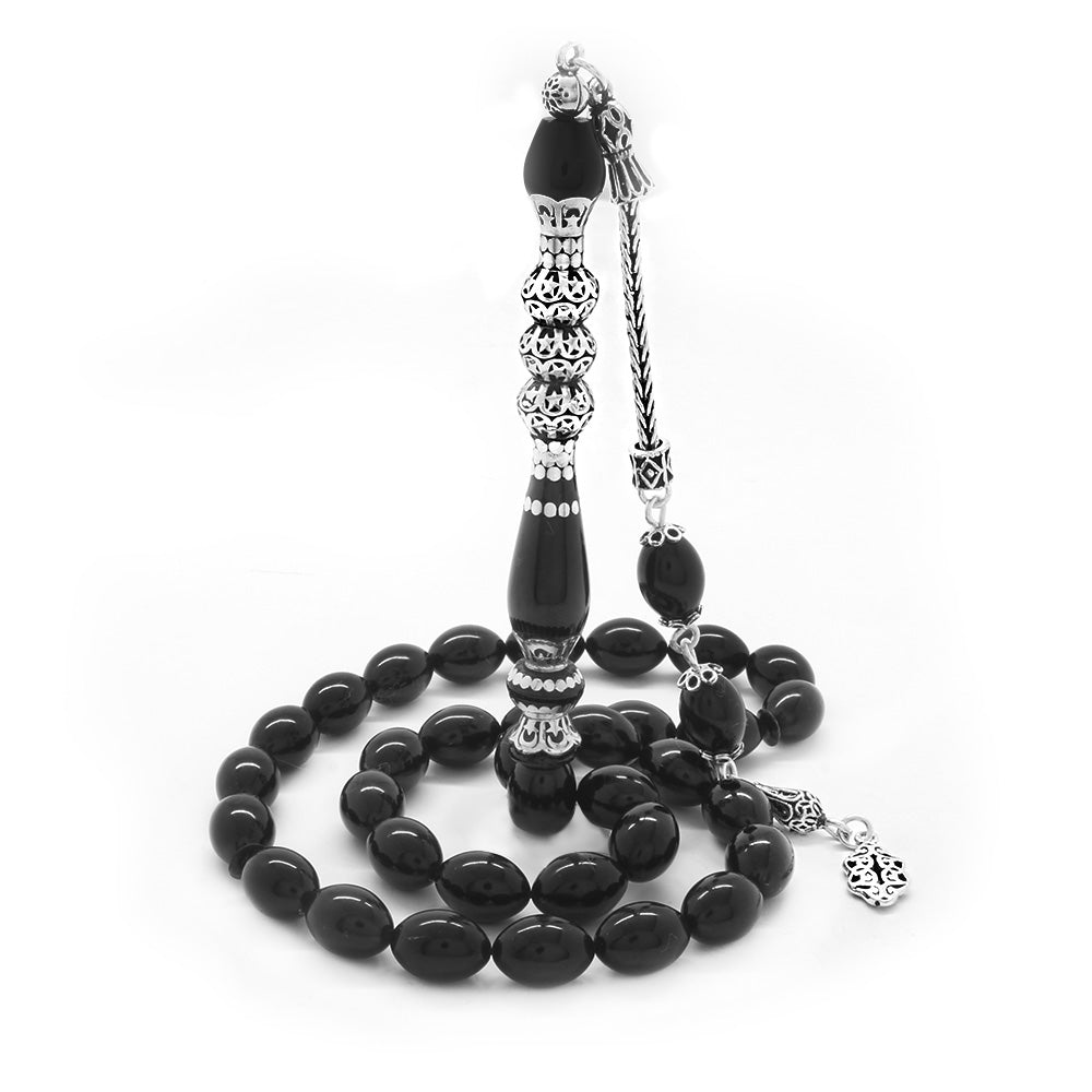 925 Sterling Silver Tasseled  Black Pressed Amber Prayer Beads