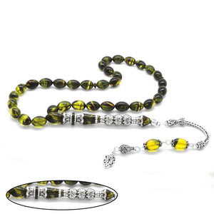 925 Sterling Silver Tasseled Yellow-Black Fire Amber Rosary