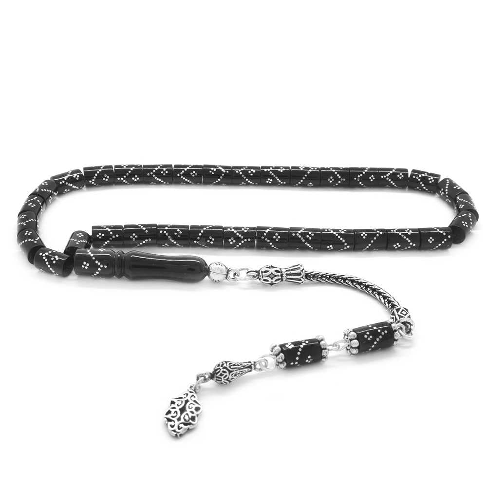 925 Sterling Silver Tasseled Silver Zigzag Embroidered Cut-Cut Erzurum Oltu Stone Prayer Beads
