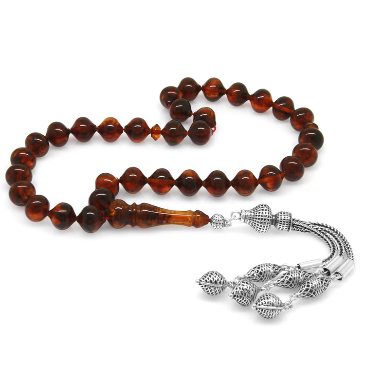 925 Sterling Silver Tasseled Honey Color Drop Amber Rosary