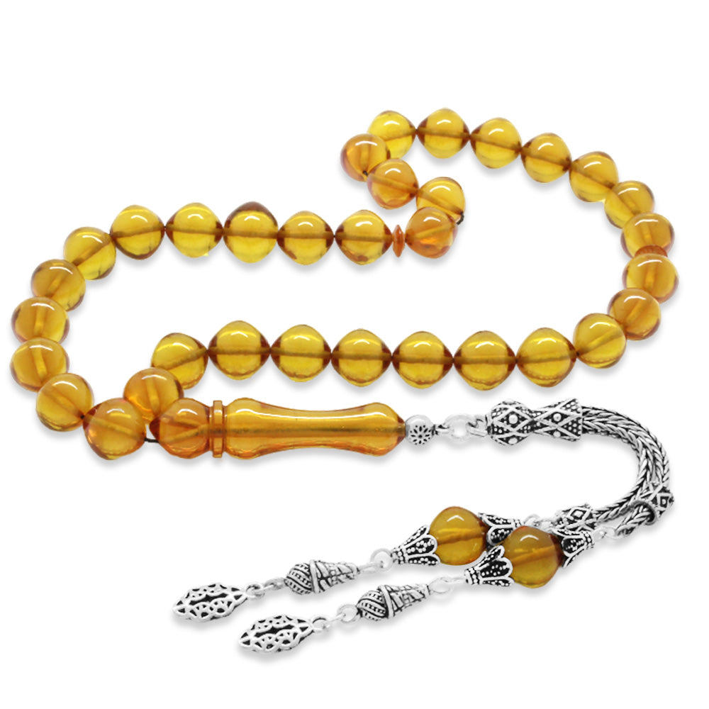 925 Sterling Silver Tasseled Istanbul Cut Yellow Fire Amber Rosary