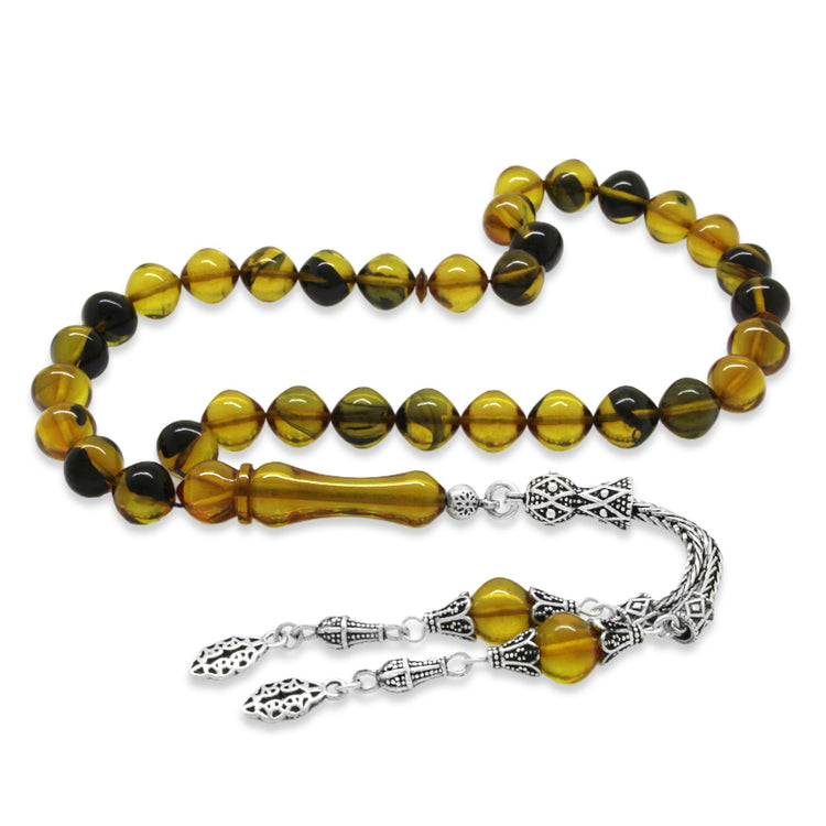 925 Sterling Silver Tasseled Istanbul Cut Yellow-Black Fire Amber Rosary