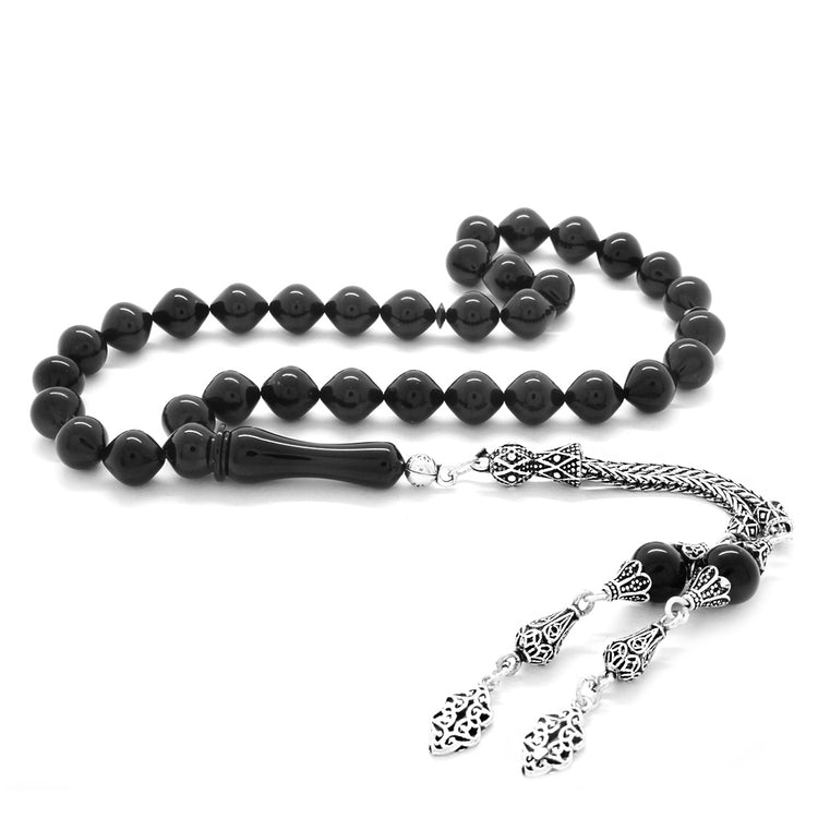 925 Sterling Silver Tasseled Black Crimped Amber Rosary