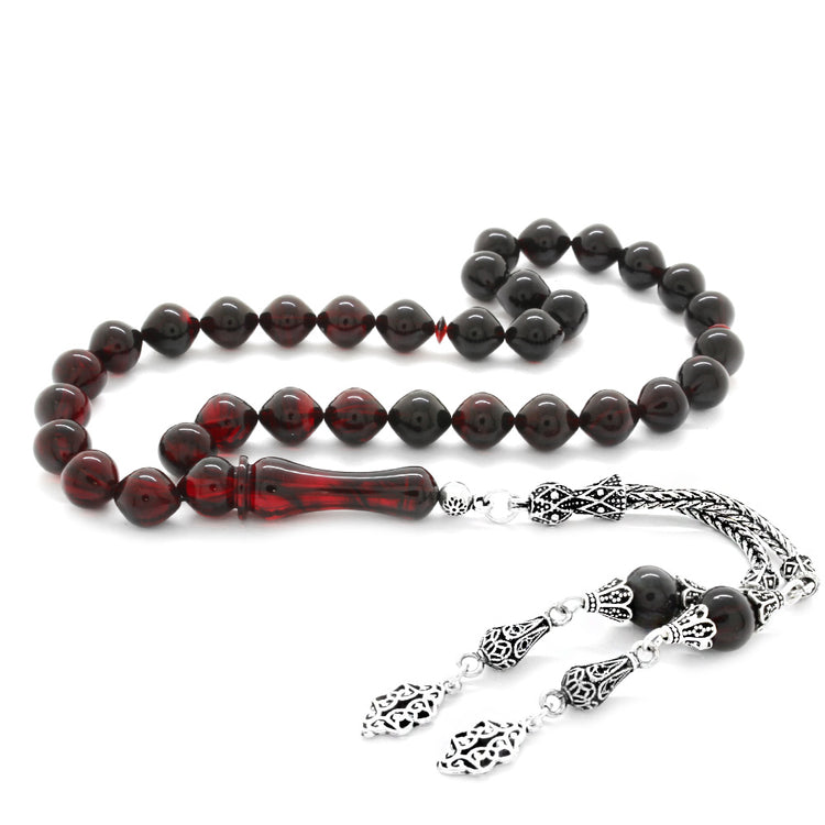 925 Sterling Silver Tasseled Red-Black Fire Amber Rosary