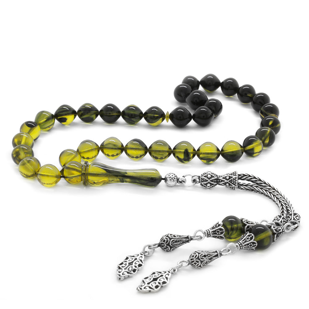 925 Sterling Silver Tasseled Yellow-Black Fire Amber Rosary