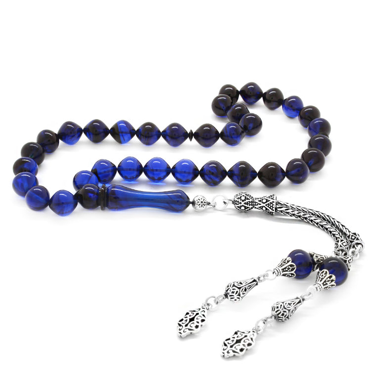 925 Sterling Silver Tasseled Blue-Black Pressed Amber Rosary