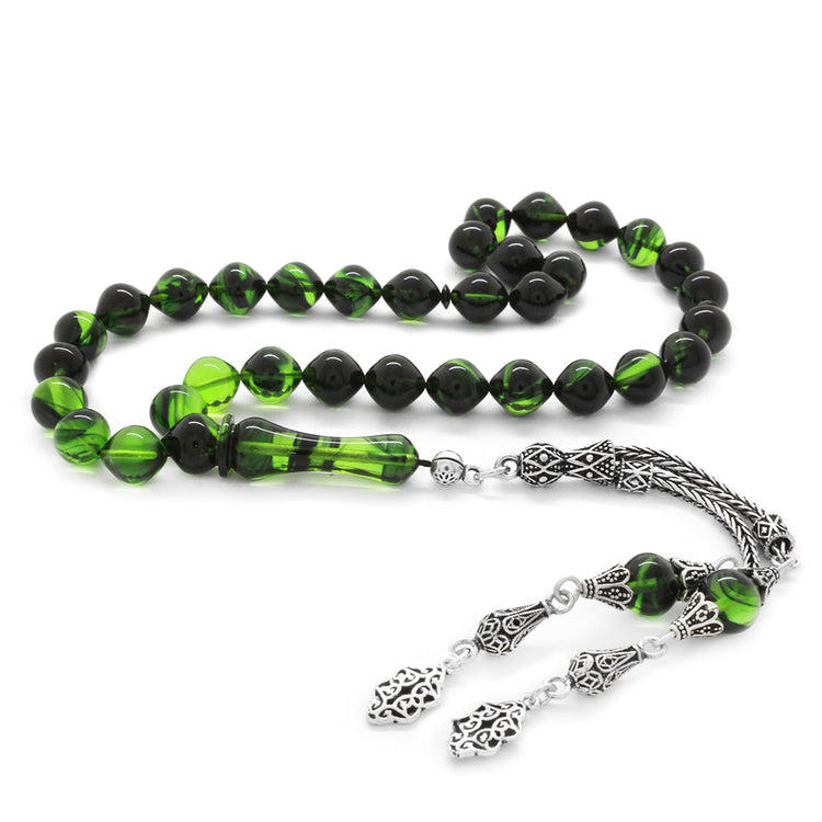 925 Sterling Silver Tasseled Green-Black Fire Amber Rosary
