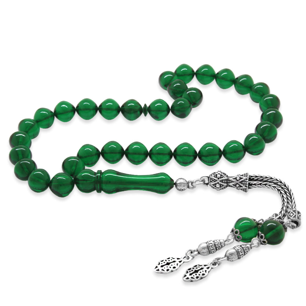 925 Sterling Silver Tasseled Istanbul Cut Green Fire Amber Rosary